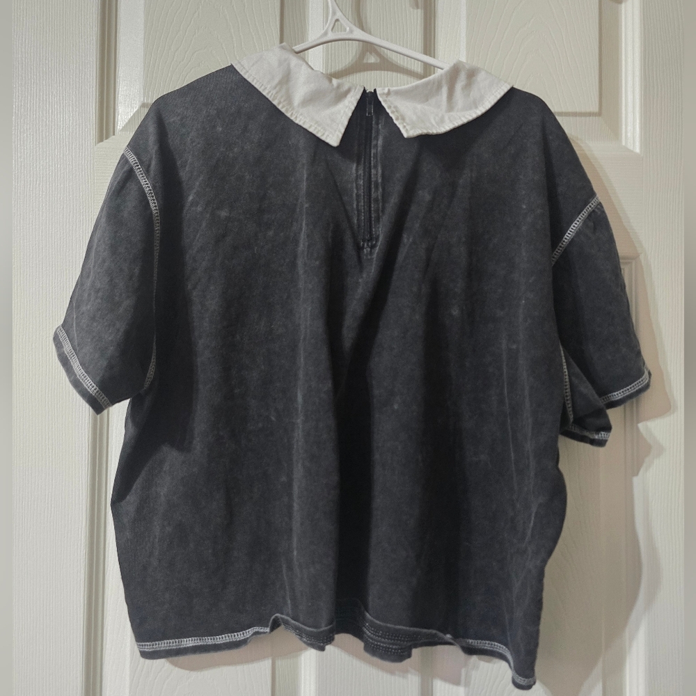 Social Collision Boxy Fit Acid Wash Collared Tee w/ Embroidered Skull Patch. - Picture 5 of 9